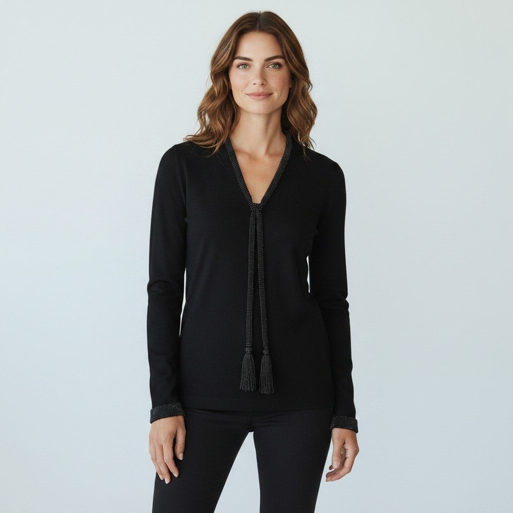 Dana Buchman Top 2X Black Beaded Tie Front V-Neck Long Sleeve Knit Plus Size